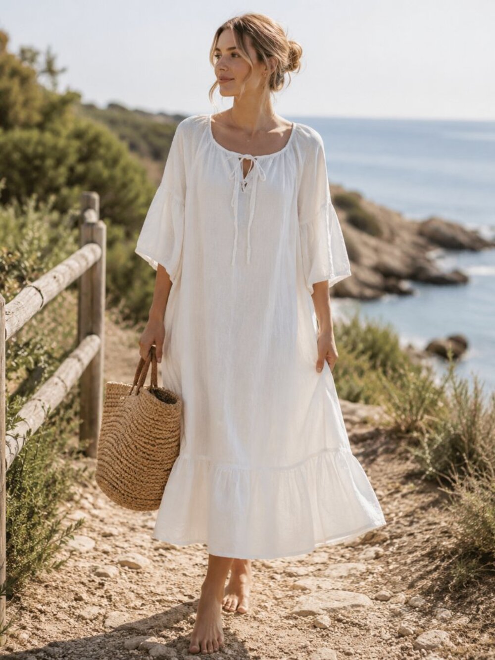 Aria 100% White Linen Peasant Boho Coastal Midi Dress Sz. S